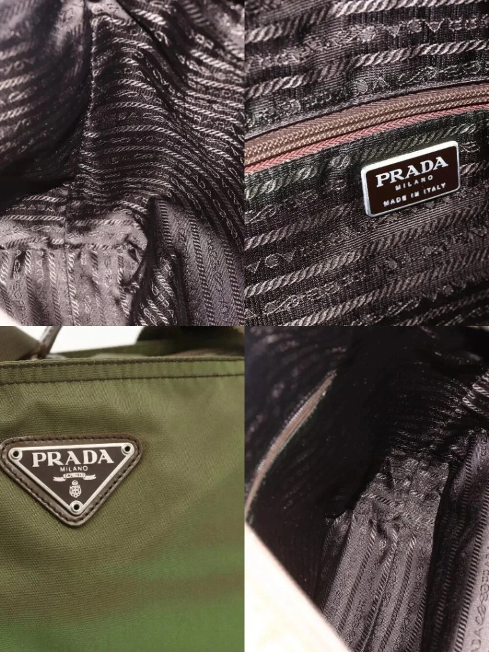 PRADA Tote Bag Nylon Khaki Silver Auth 175345